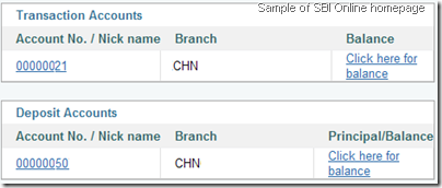 SBI Online - Home page without total balance