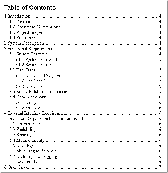 Contents of a requirement specification template (SRS template)