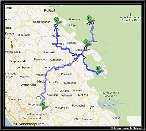 Route map of our trip - Peppara dam, Palode botanical garden, Dukes Forest Lodge and Ponmudi