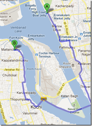 Route to Kayees Rahmathulla Hotel, Mattancherry from Marine Drive