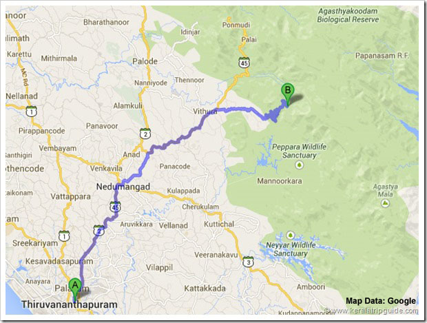 Trivandrum to Bonacaud road map