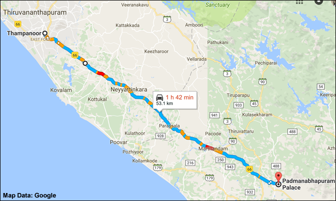 Route map to Padmanabhapuram Palace